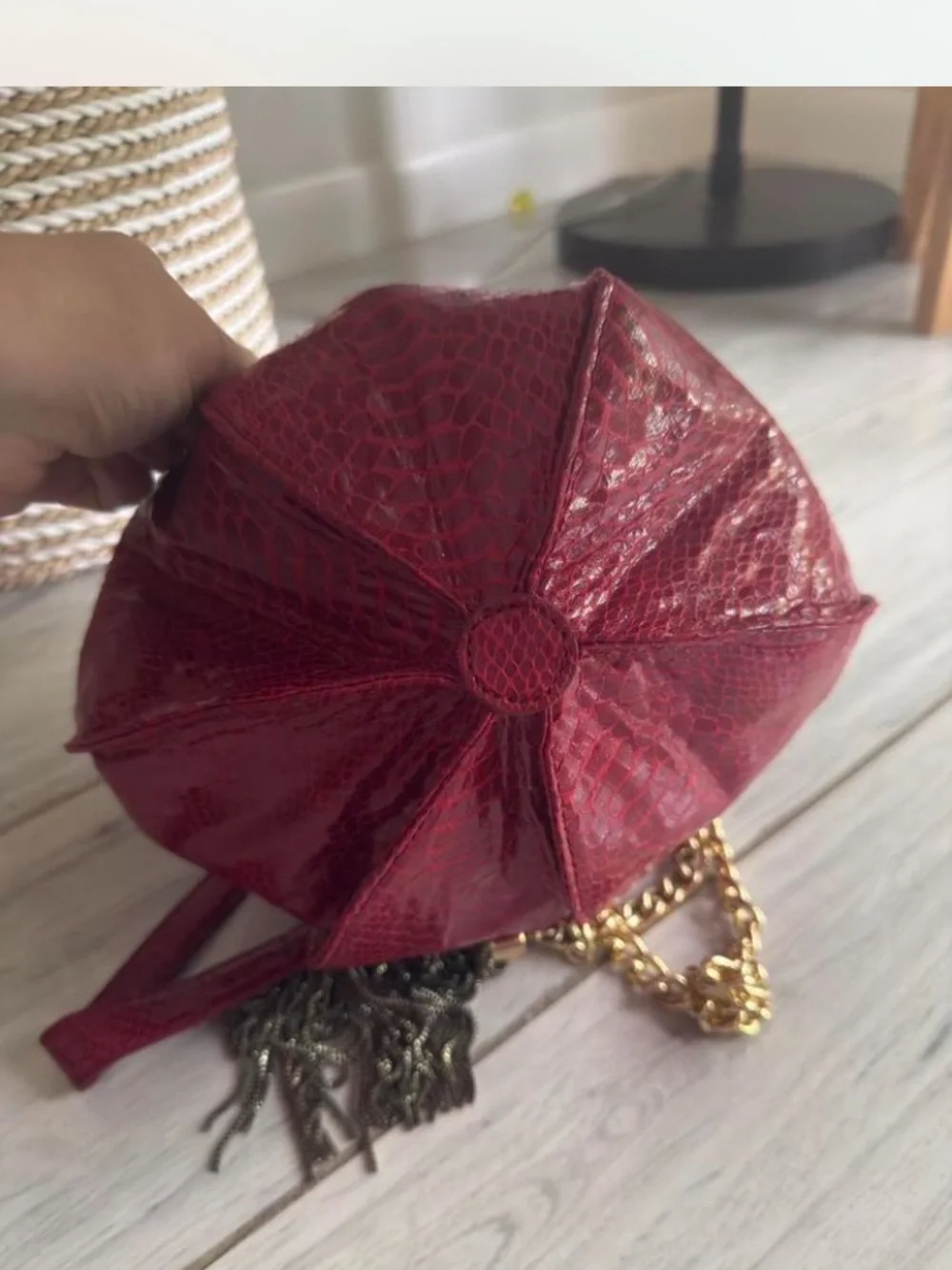 Cache Red Textured Drawstring Mini Bag with Gold Chain - Picture 5 of 8